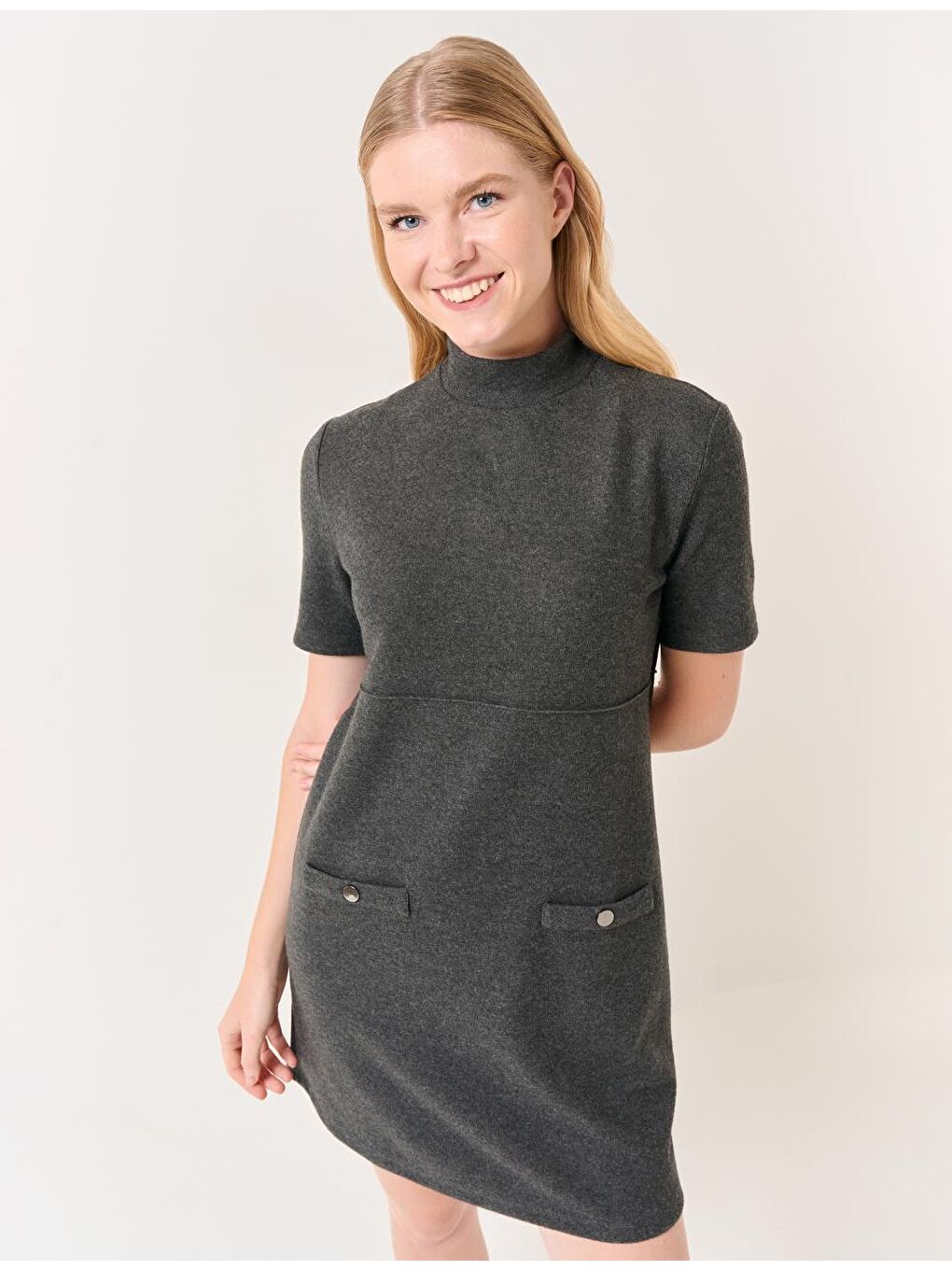 Antrasit Balıkçı Yaka Kısa Kollu Mini Elbise-1