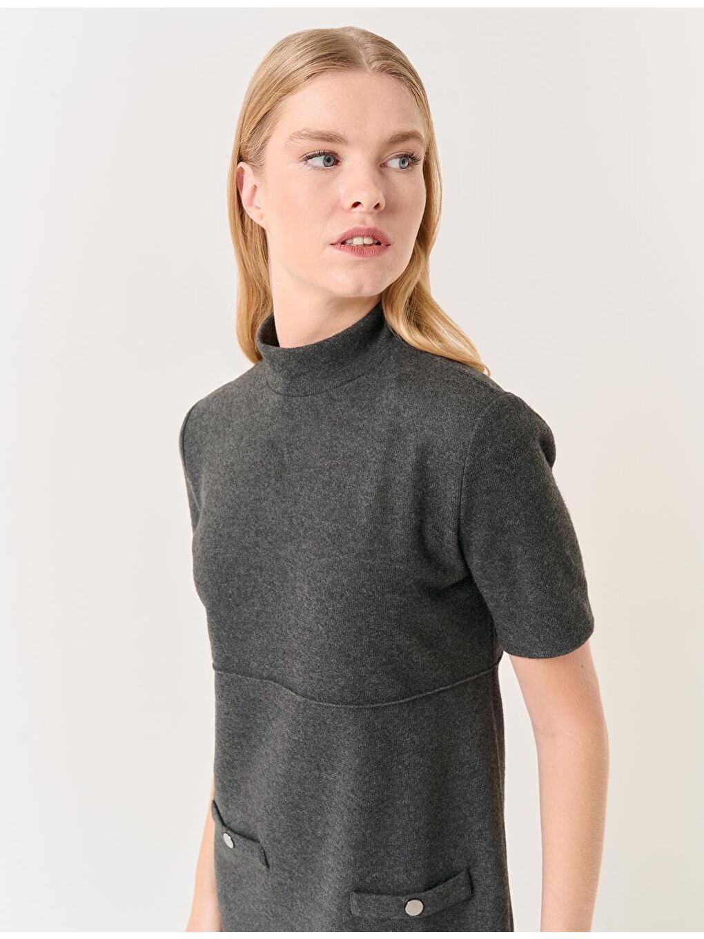 Antrasit Balıkçı Yaka Kısa Kollu Mini Elbise-2