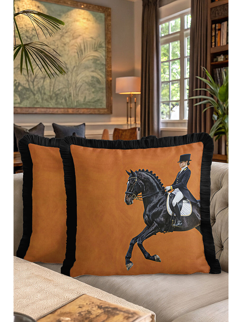 Karışık Atlı Zarif Şıklık Saçaklı Yastık Kılıfı - Klasik Equestrian Siyah Gold Püsküllü Kırlent Kılıfı-7