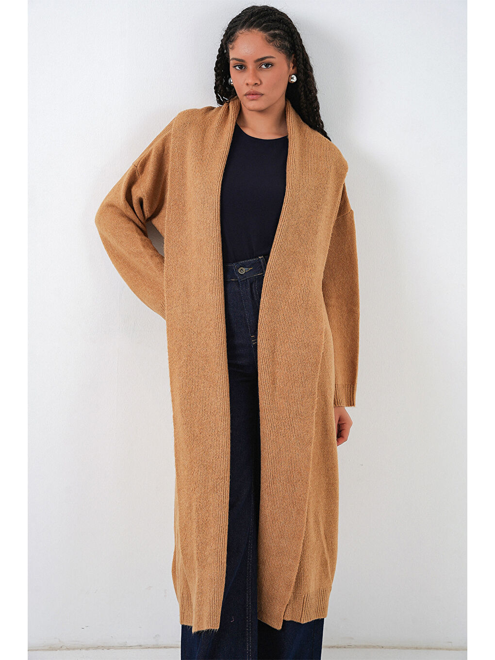 Sarı Kadın Uzun Oversize Triko Hırka 15924 - Hardal