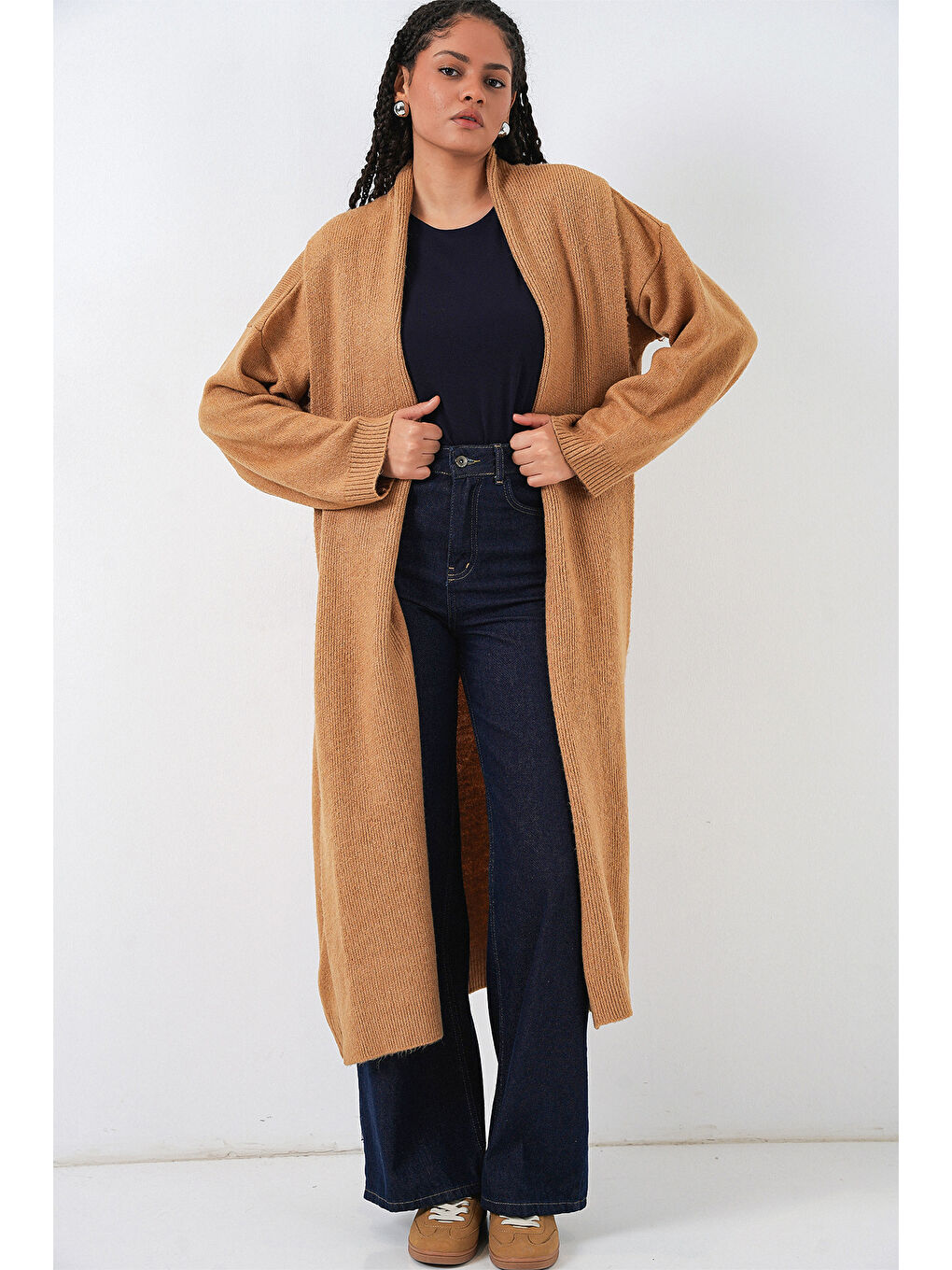 Sarı Kadın Uzun Oversize Triko Hırka 15924 - Hardal-1