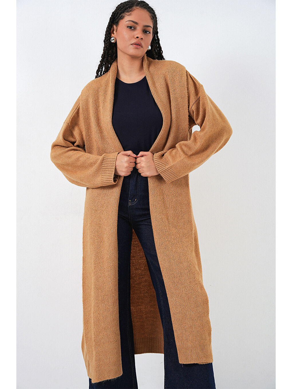 Sarı Kadın Uzun Oversize Triko Hırka 15924 - Hardal-2