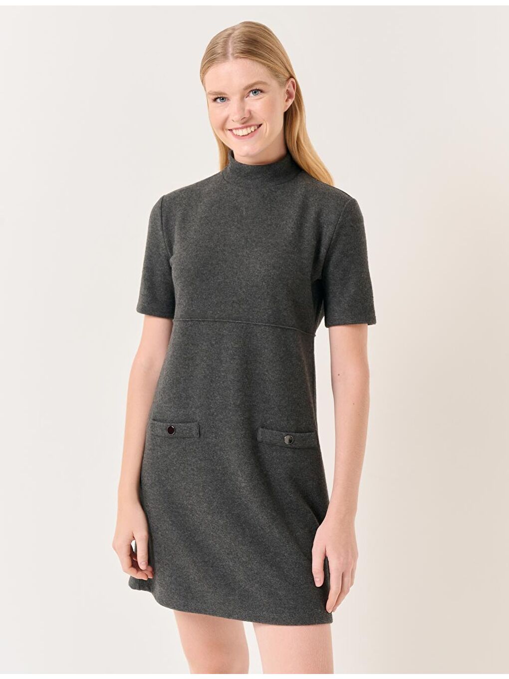 Antrasit Balıkçı Yaka Kısa Kollu Mini Elbise-4