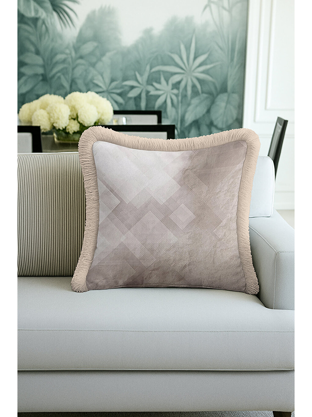 Karışık Modern Geometrik Lüks Saçaklı Yastık Kılıfı - Sofistik Doku Minimal Country Püsküllü Kırlent Kılıfı-2