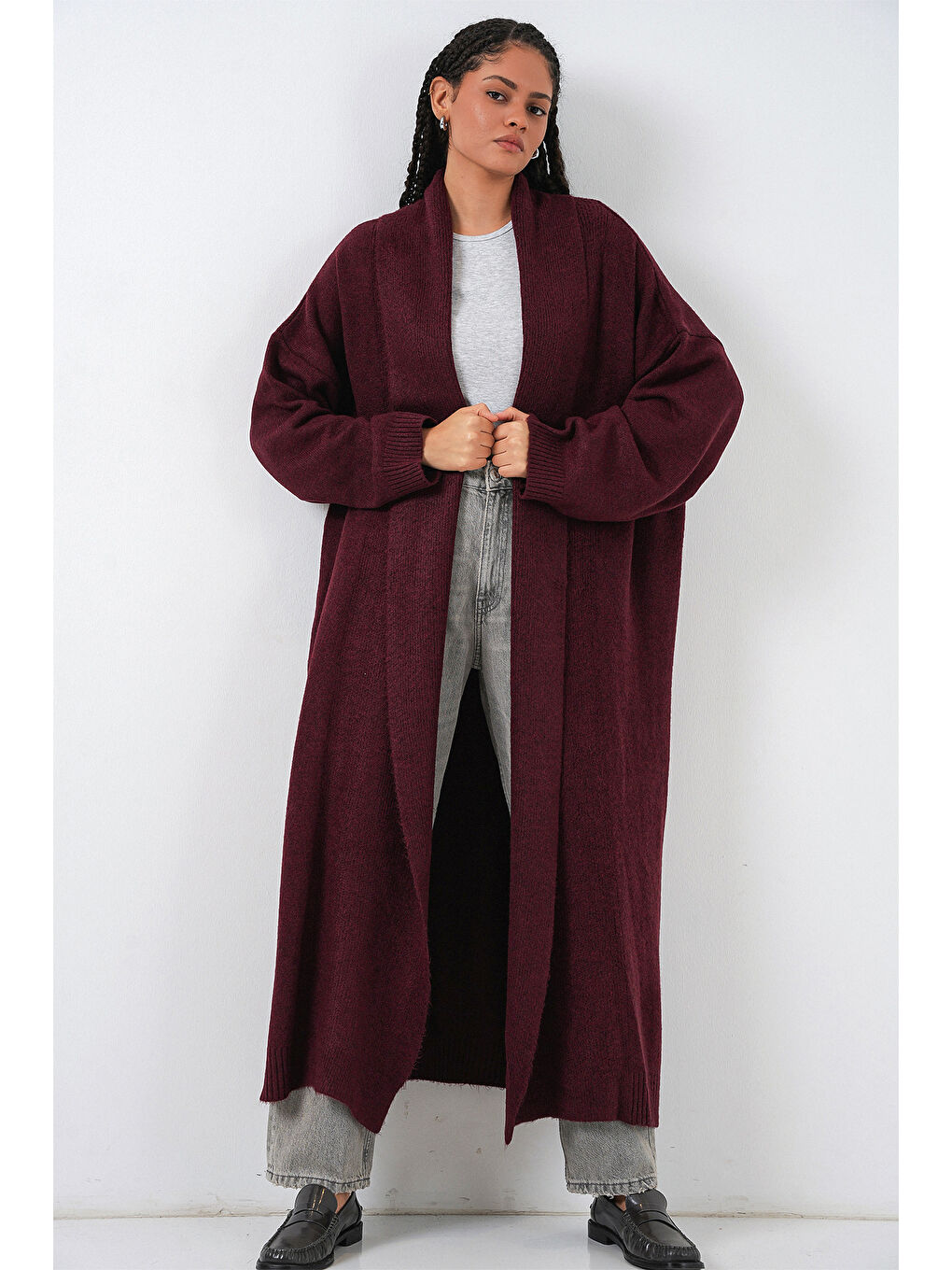 Kadın Uzun Oversize Triko Hırka 15924 - Bordo