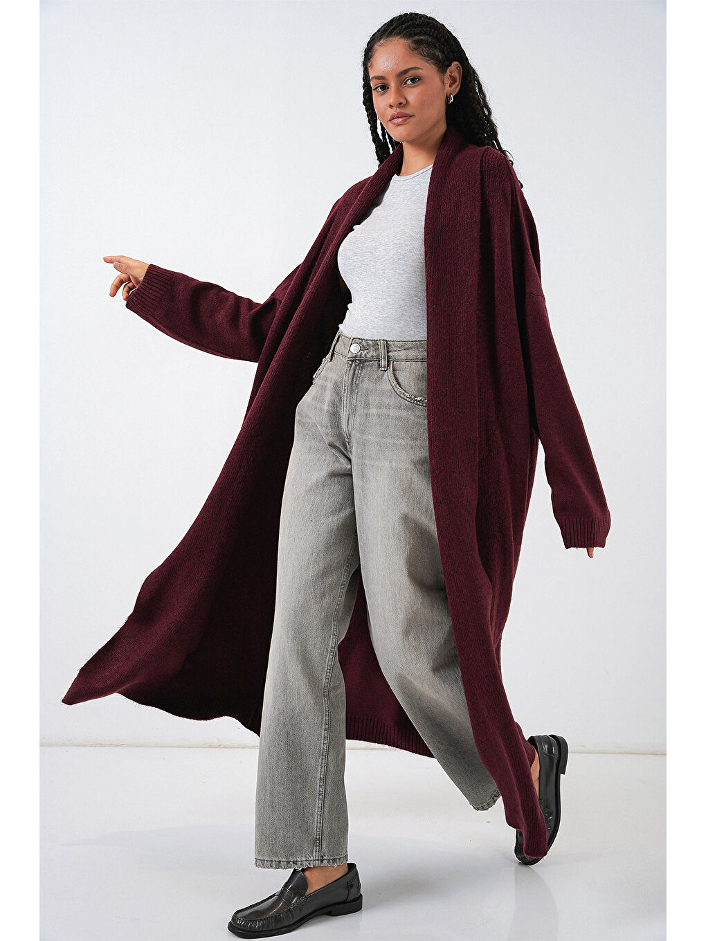 Kadın Uzun Oversize Triko Hırka 15924 - Bordo-1