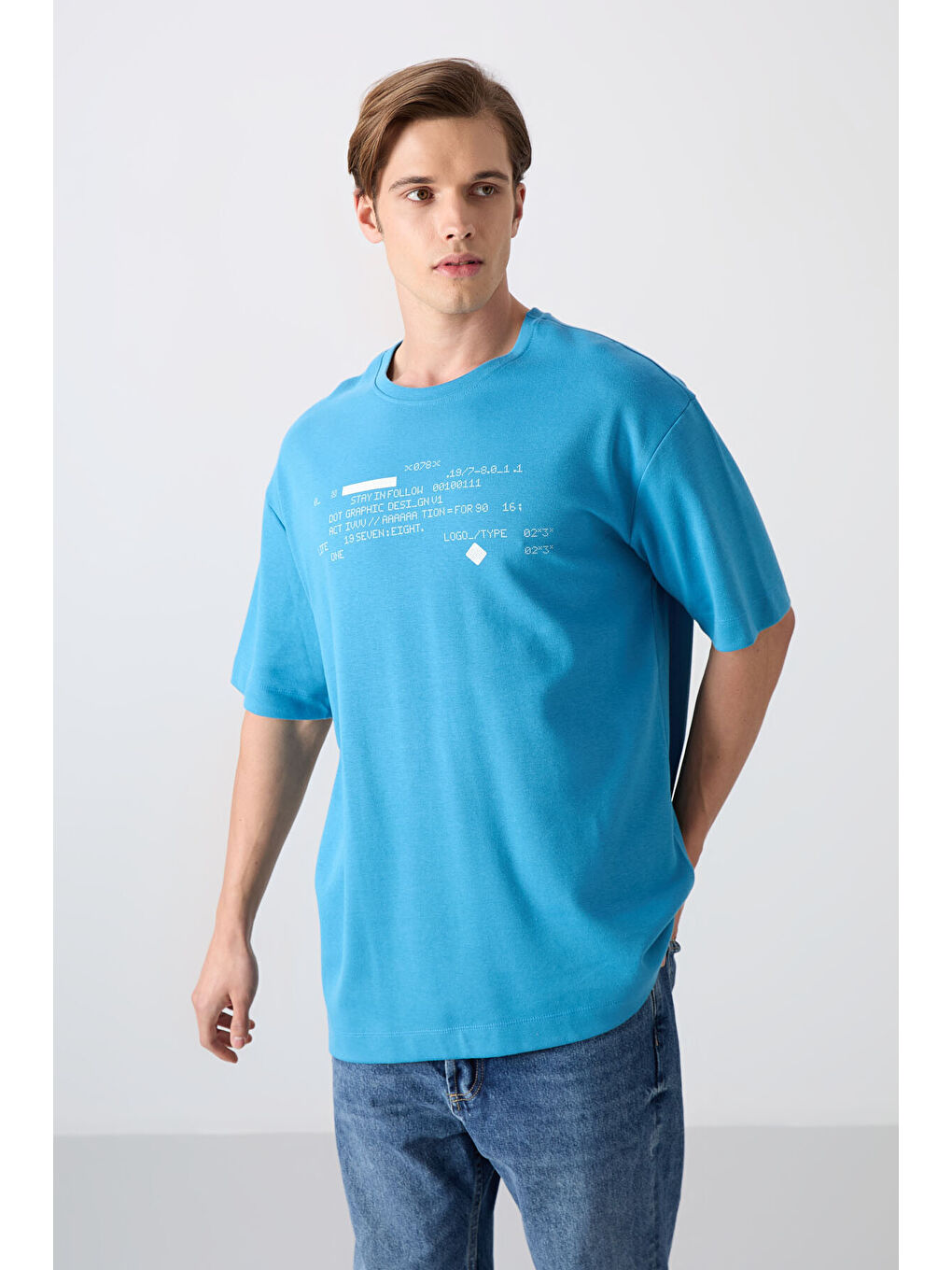 Petrol Mavi Pamuklu Kalın Yumuşak Dokulu Oversize Fit Baskılı Erkek Tişört - 88326