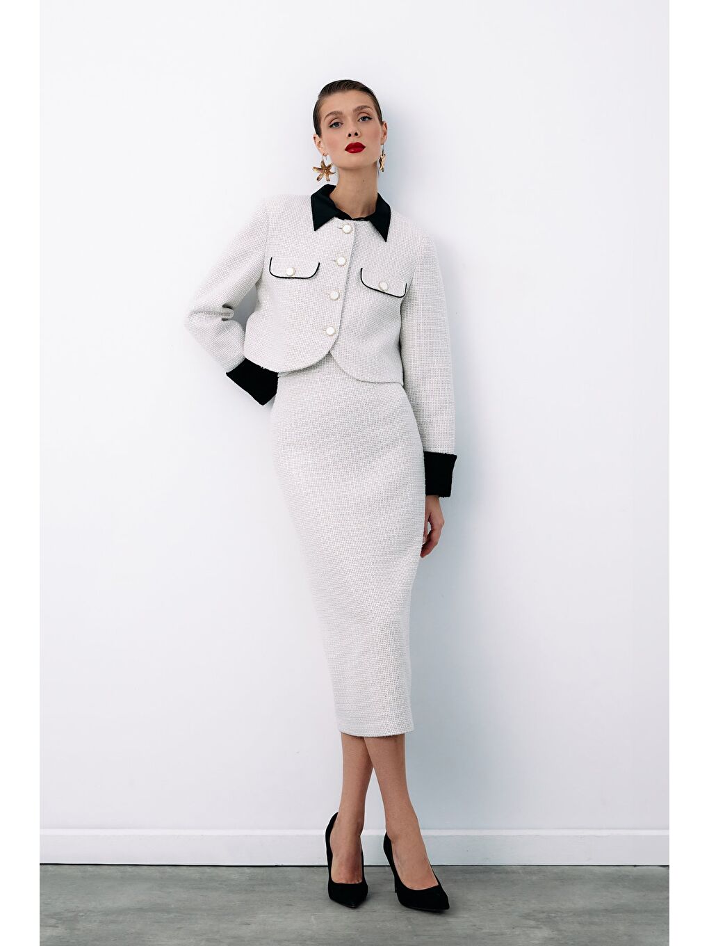 Bej Süs Düğmeli Tüvit Kalem Etek - Taş