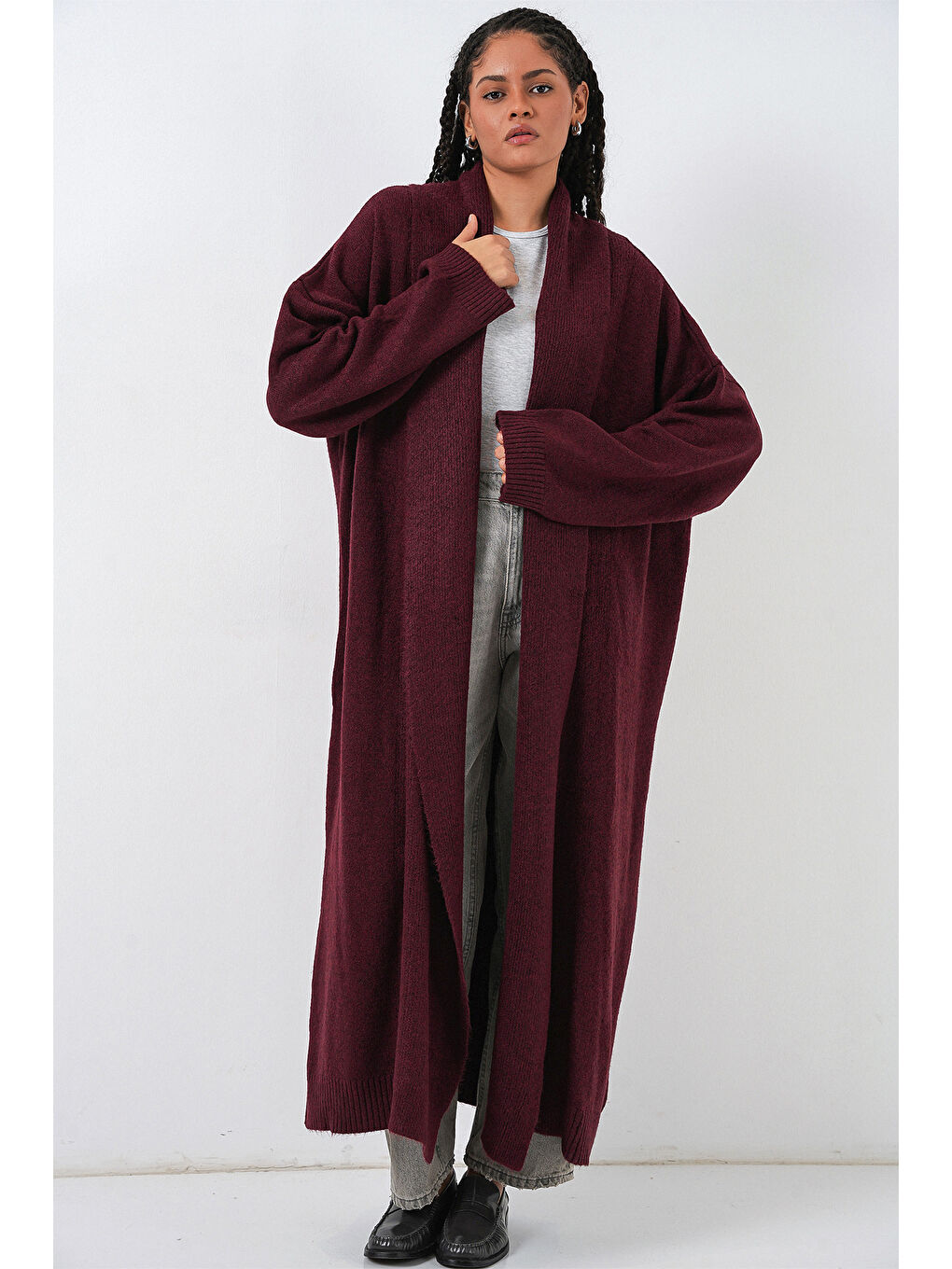 Kadın Uzun Oversize Triko Hırka 15924 - Bordo-2