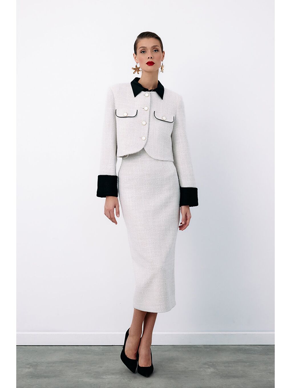 Bej Süs Düğmeli Tüvit Kalem Etek - Taş-1