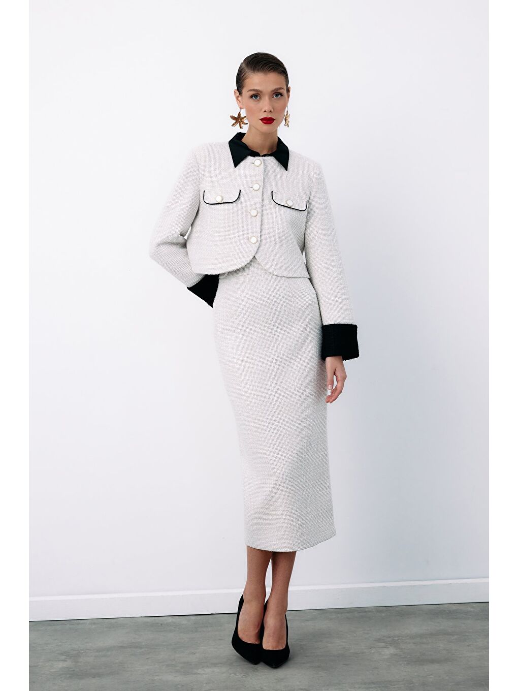 Bej Süs Düğmeli Tüvit Kalem Etek - Taş-2