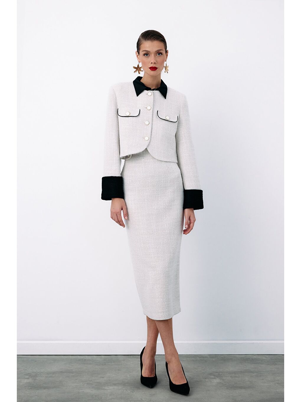 Bej Süs Düğmeli Tüvit Kalem Etek - Taş-3