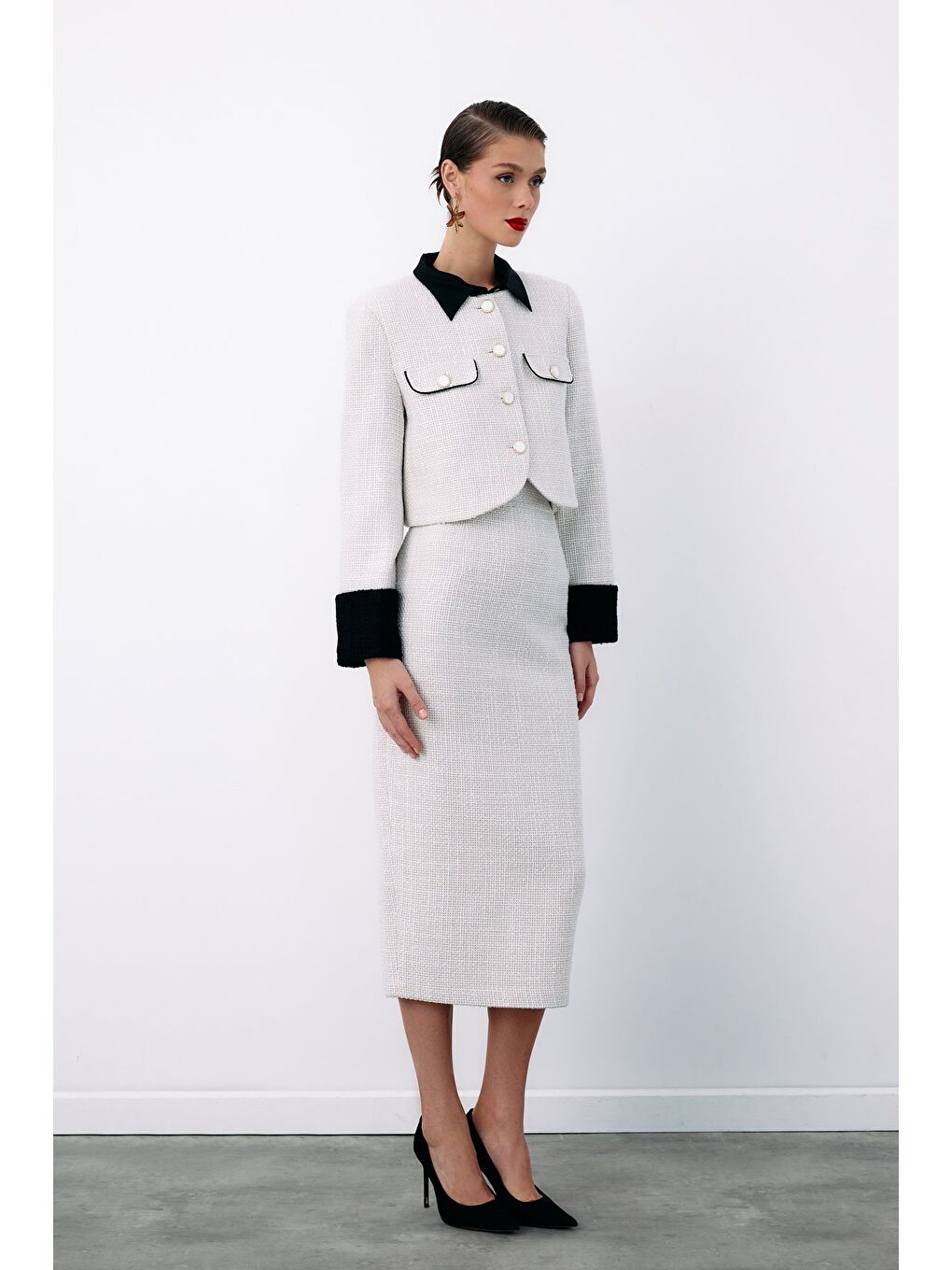 Bej Süs Düğmeli Tüvit Kalem Etek - Taş-4