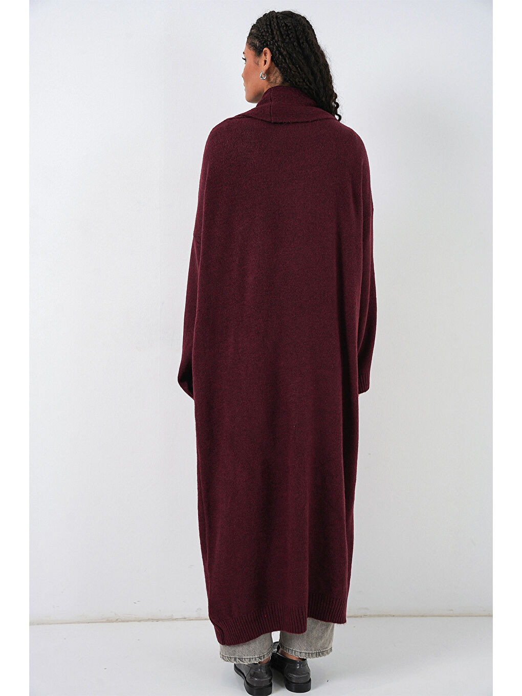 Kadın Uzun Oversize Triko Hırka 15924 - Bordo-4