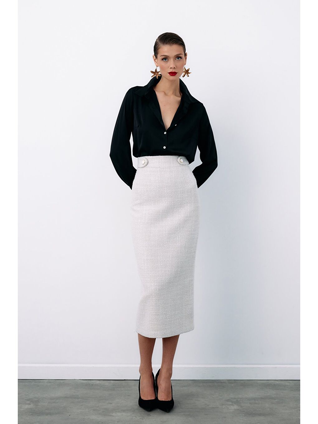 Bej Süs Düğmeli Tüvit Kalem Etek - Taş-5