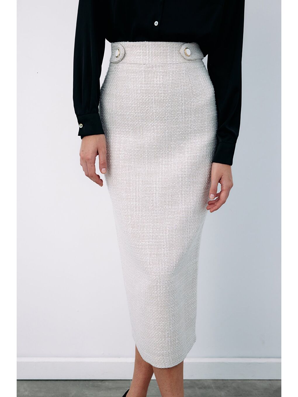 Bej Süs Düğmeli Tüvit Kalem Etek - Taş-6