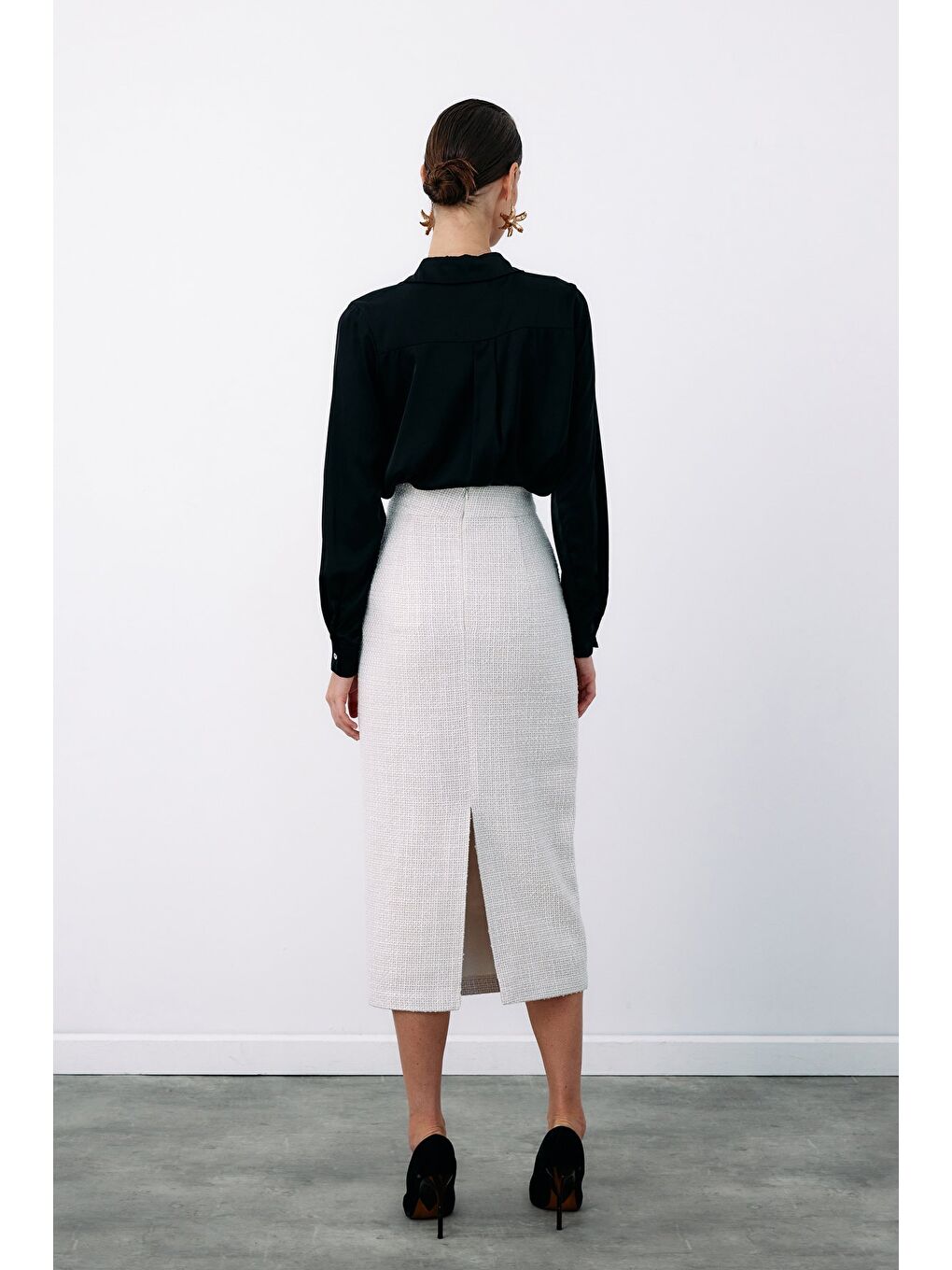 Bej Süs Düğmeli Tüvit Kalem Etek - Taş-7