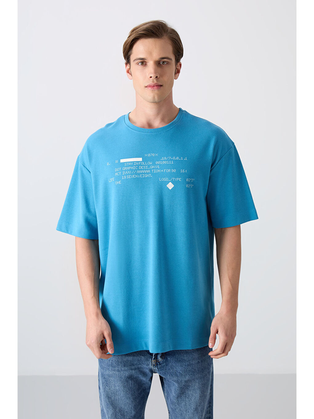 Petrol Mavi Pamuklu Kalın Yumuşak Dokulu Oversize Fit Baskılı Erkek Tişört - 88326-3