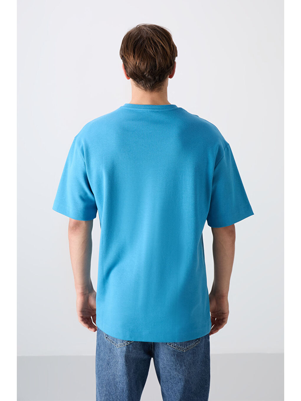 Petrol Mavi Pamuklu Kalın Yumuşak Dokulu Oversize Fit Baskılı Erkek Tişört - 88326-4