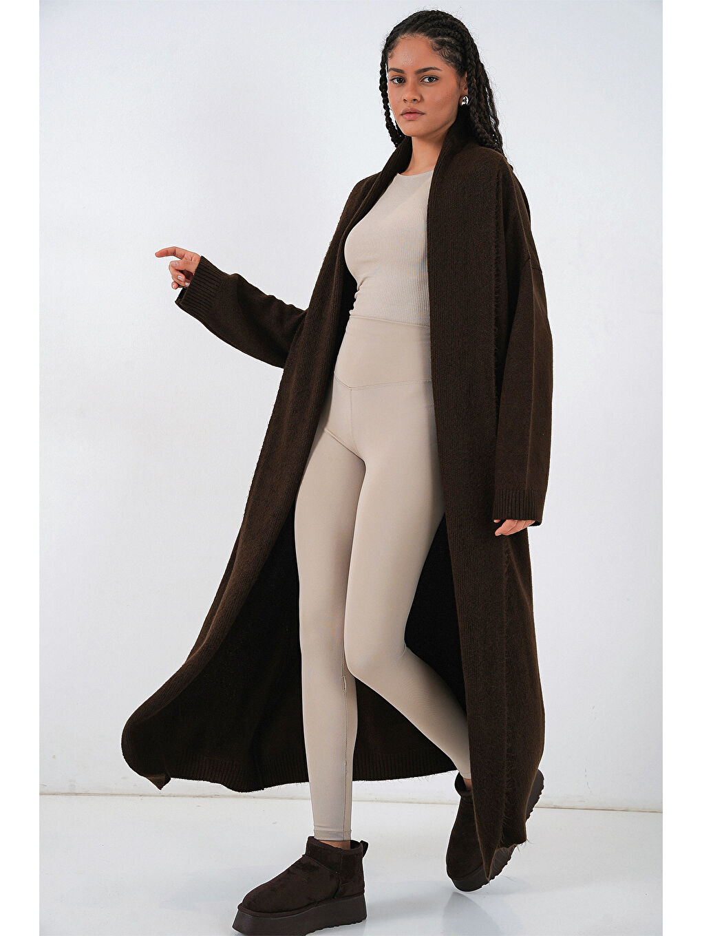 Kadın Uzun Oversize Triko Hırka 15924 - Kahverengi-1