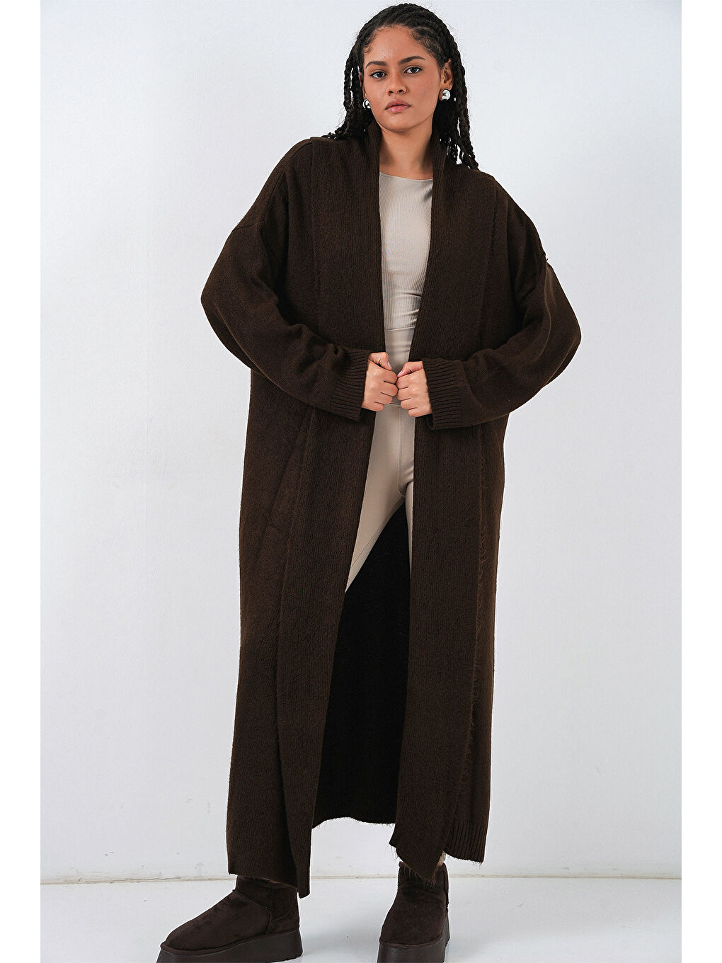 Kadın Uzun Oversize Triko Hırka 15924 - Kahverengi-3