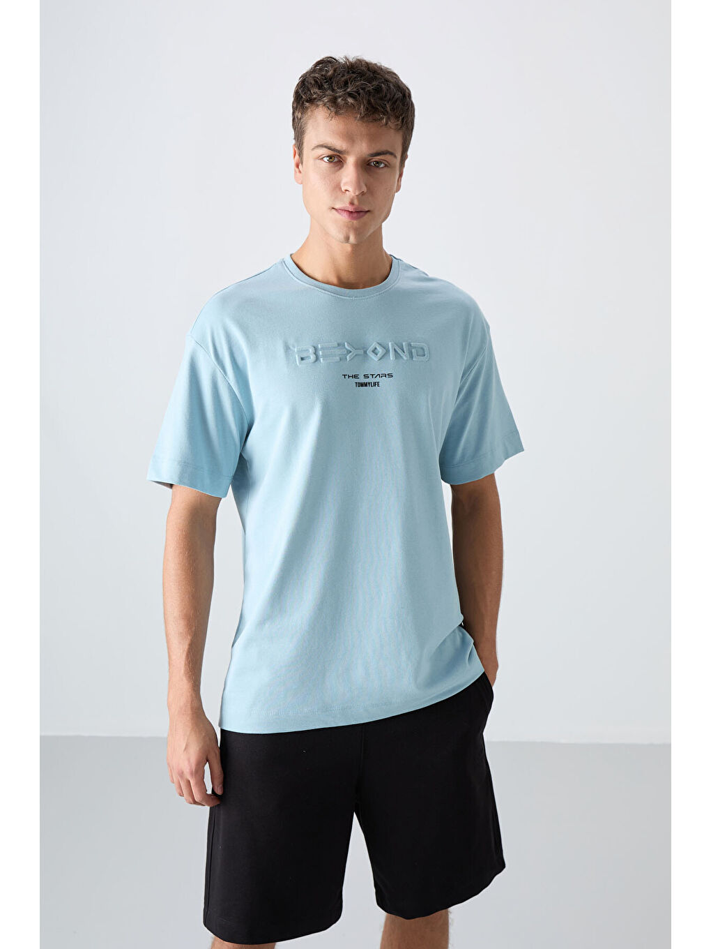 Açık Mavi Pamuklu Kalın Yumuşak Dokulu Oversize Fit Baskılı Erkek Tişört - 88328