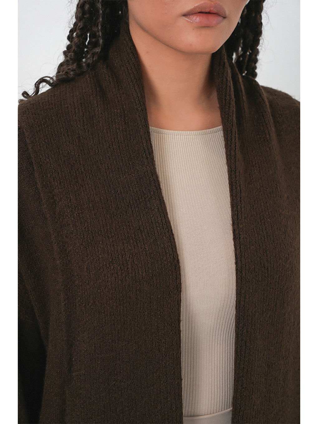 Kadın Uzun Oversize Triko Hırka 15924 - Kahverengi-4