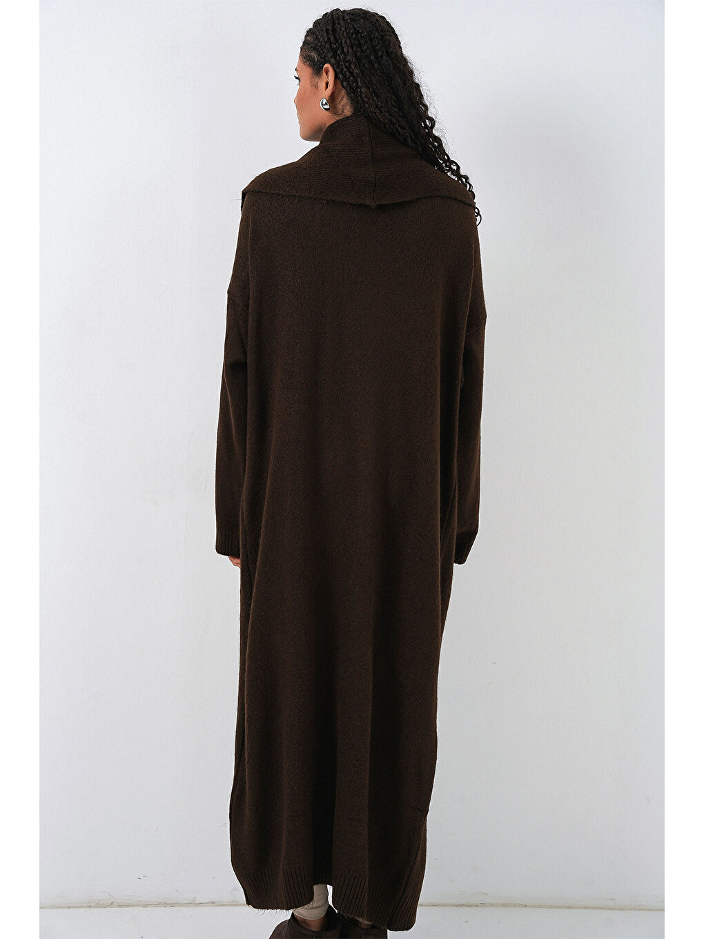 Kadın Uzun Oversize Triko Hırka 15924 - Kahverengi-5