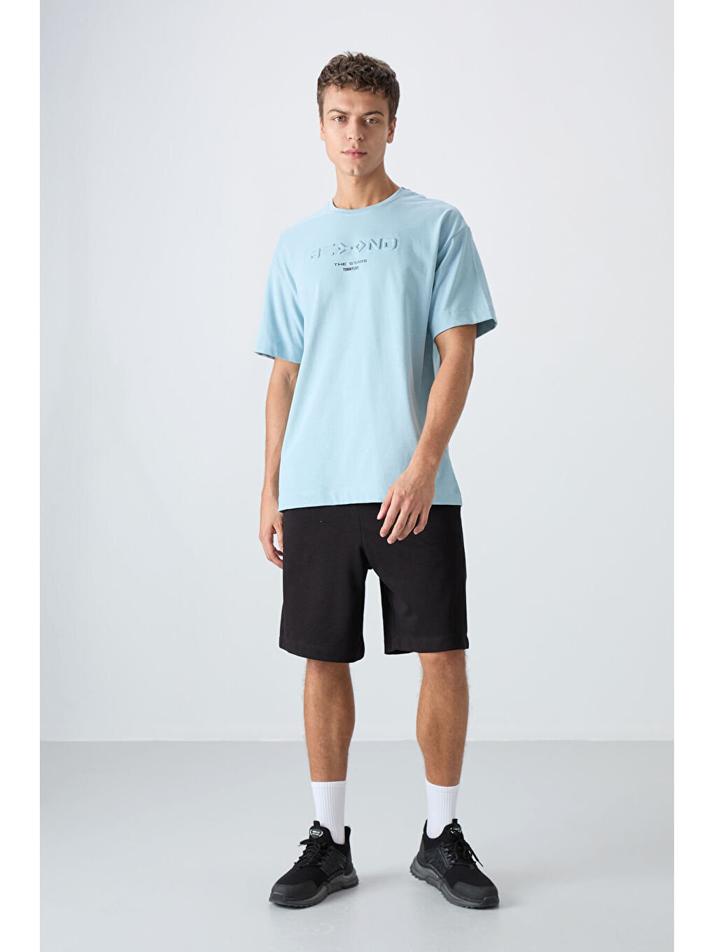 Açık Mavi Pamuklu Kalın Yumuşak Dokulu Oversize Fit Baskılı Erkek Tişört - 88328-1