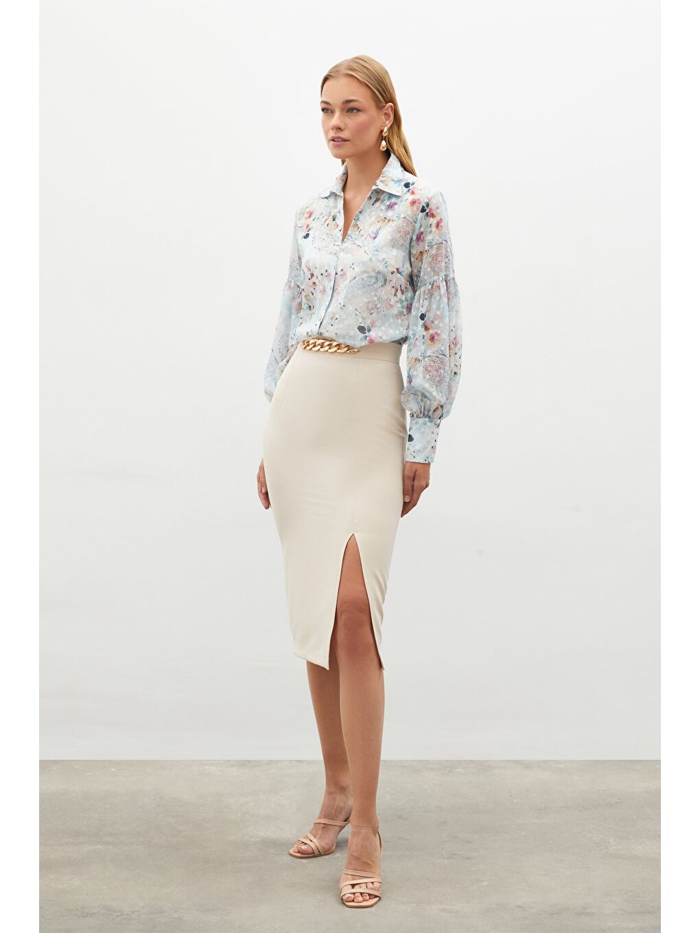 Zincir Detaylı Kalem Etek - Bej