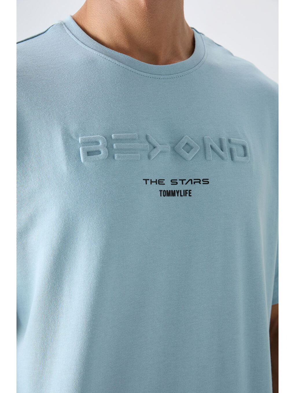 Açık Mavi Pamuklu Kalın Yumuşak Dokulu Oversize Fit Baskılı Erkek Tişört - 88328-2