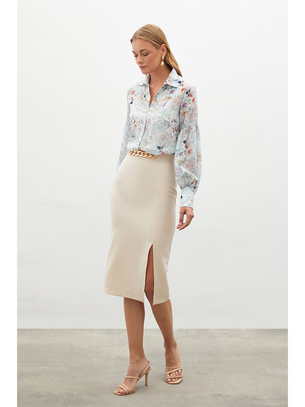 Zincir Detaylı Kalem Etek - Bej-1