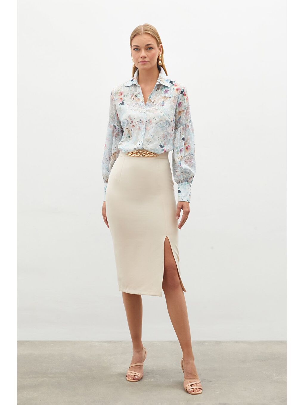 Zincir Detaylı Kalem Etek - Bej-2