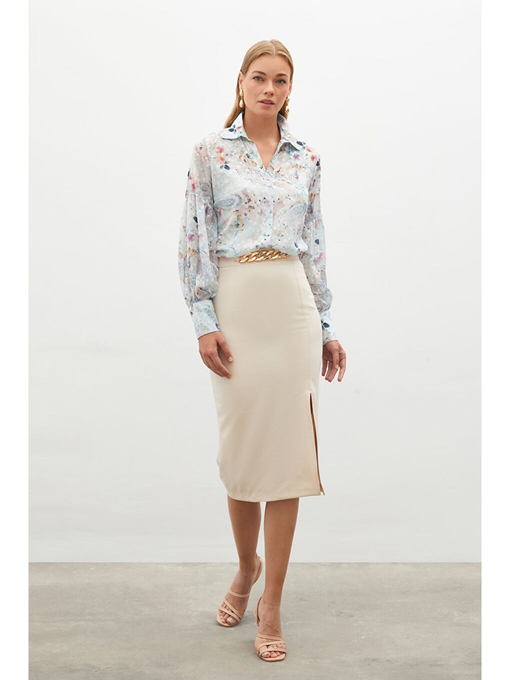 Zincir Detaylı Kalem Etek - Bej-3