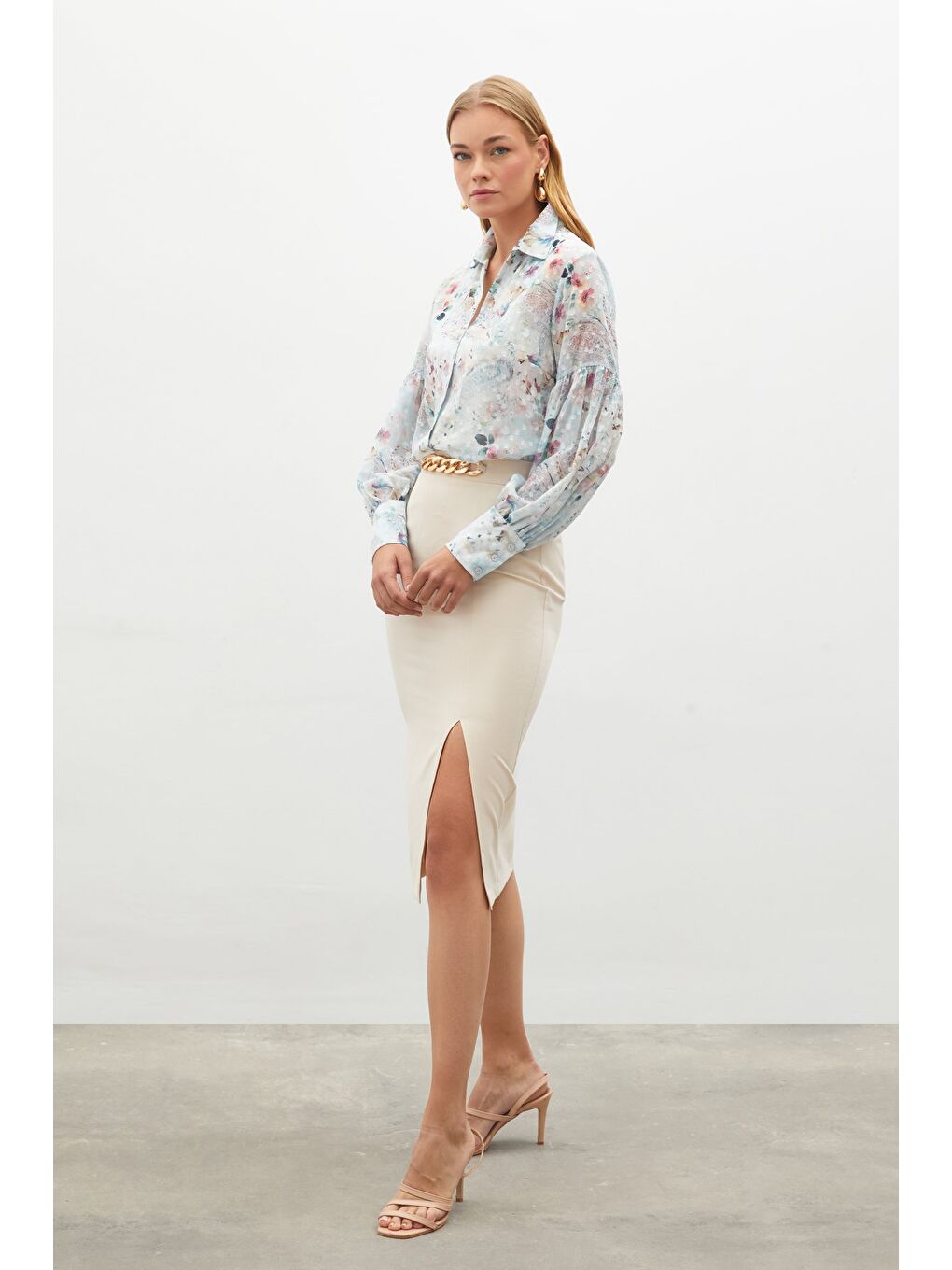 Zincir Detaylı Kalem Etek - Bej-4