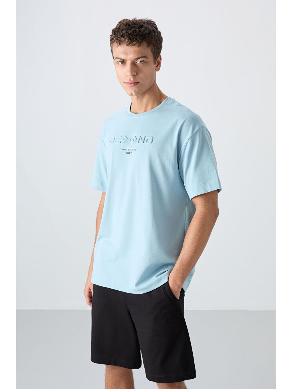 Açık Mavi Pamuklu Kalın Yumuşak Dokulu Oversize Fit Baskılı Erkek Tişört - 88328-3