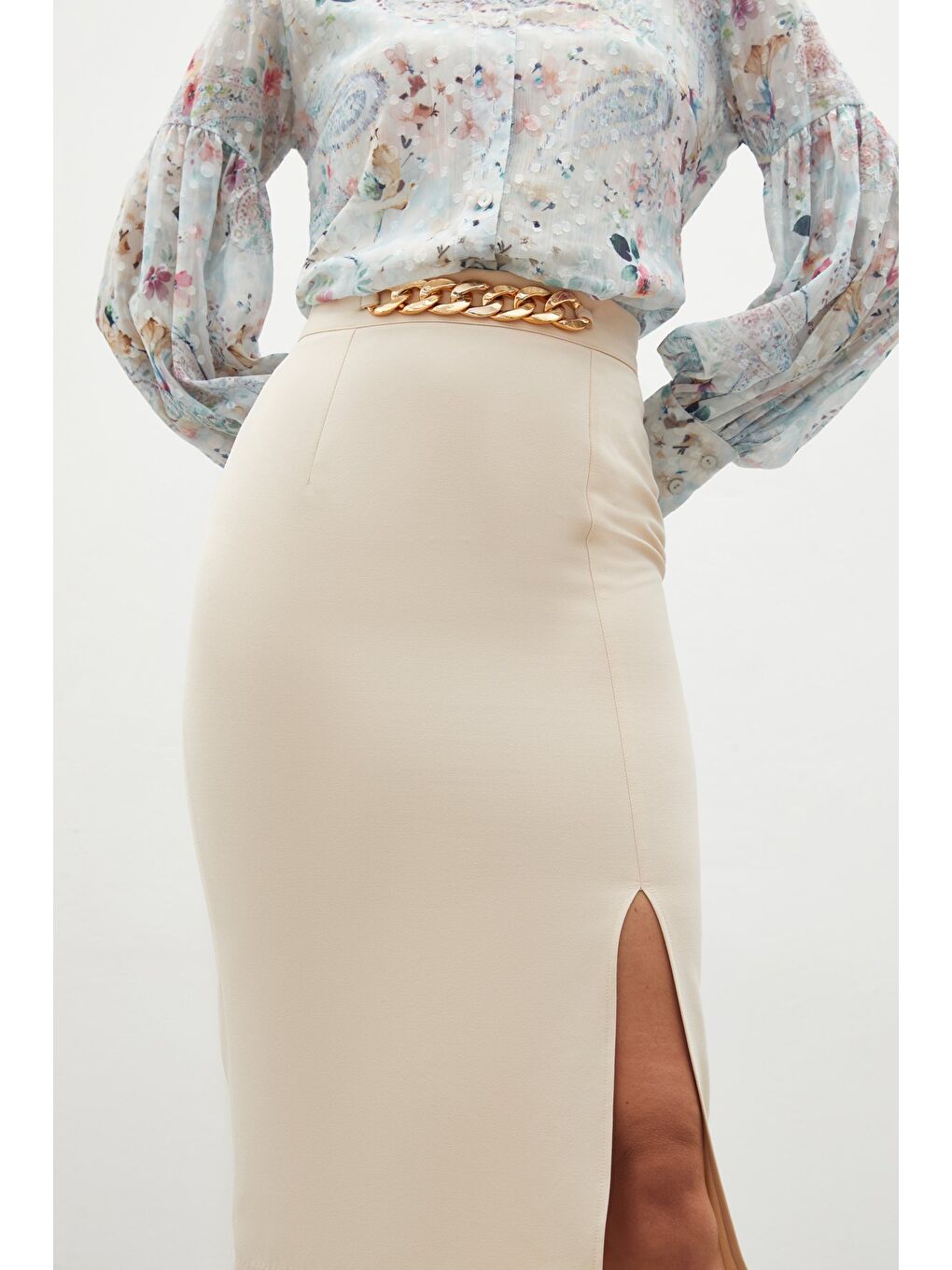 Zincir Detaylı Kalem Etek - Bej-5