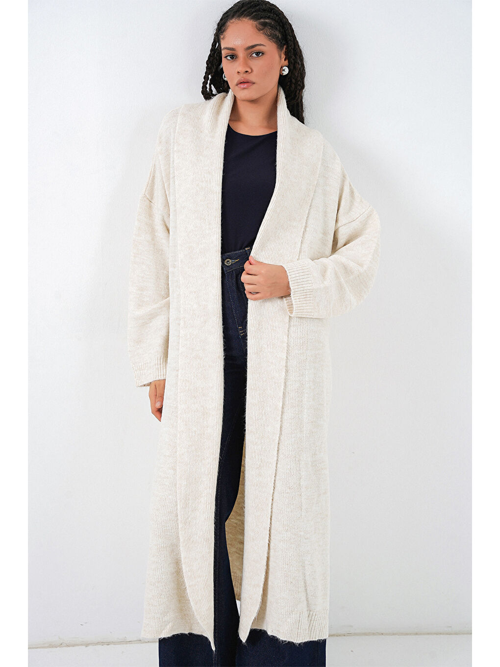 Kadın Uzun Oversize Triko Hırka 15924 - Ekru