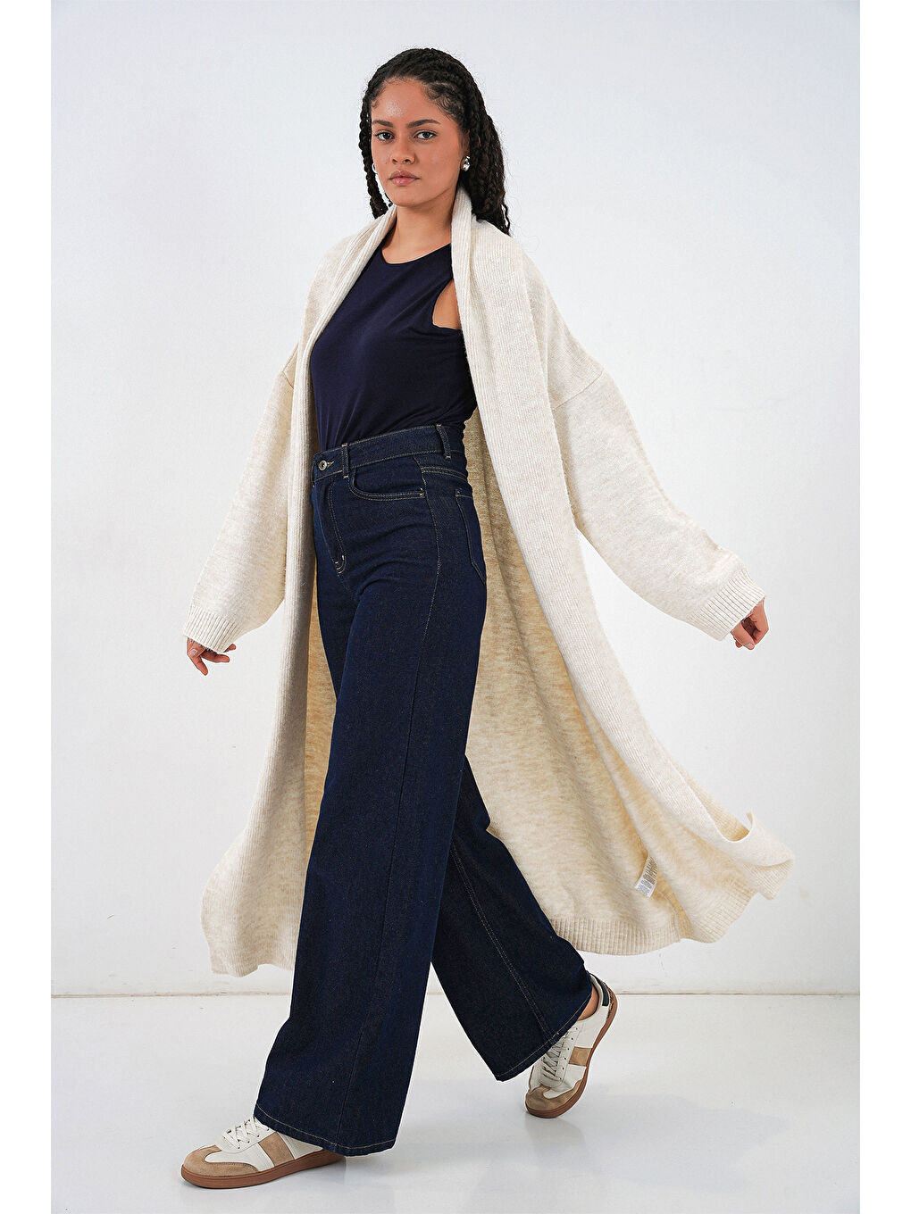 Kadın Uzun Oversize Triko Hırka 15924 - Ekru-1