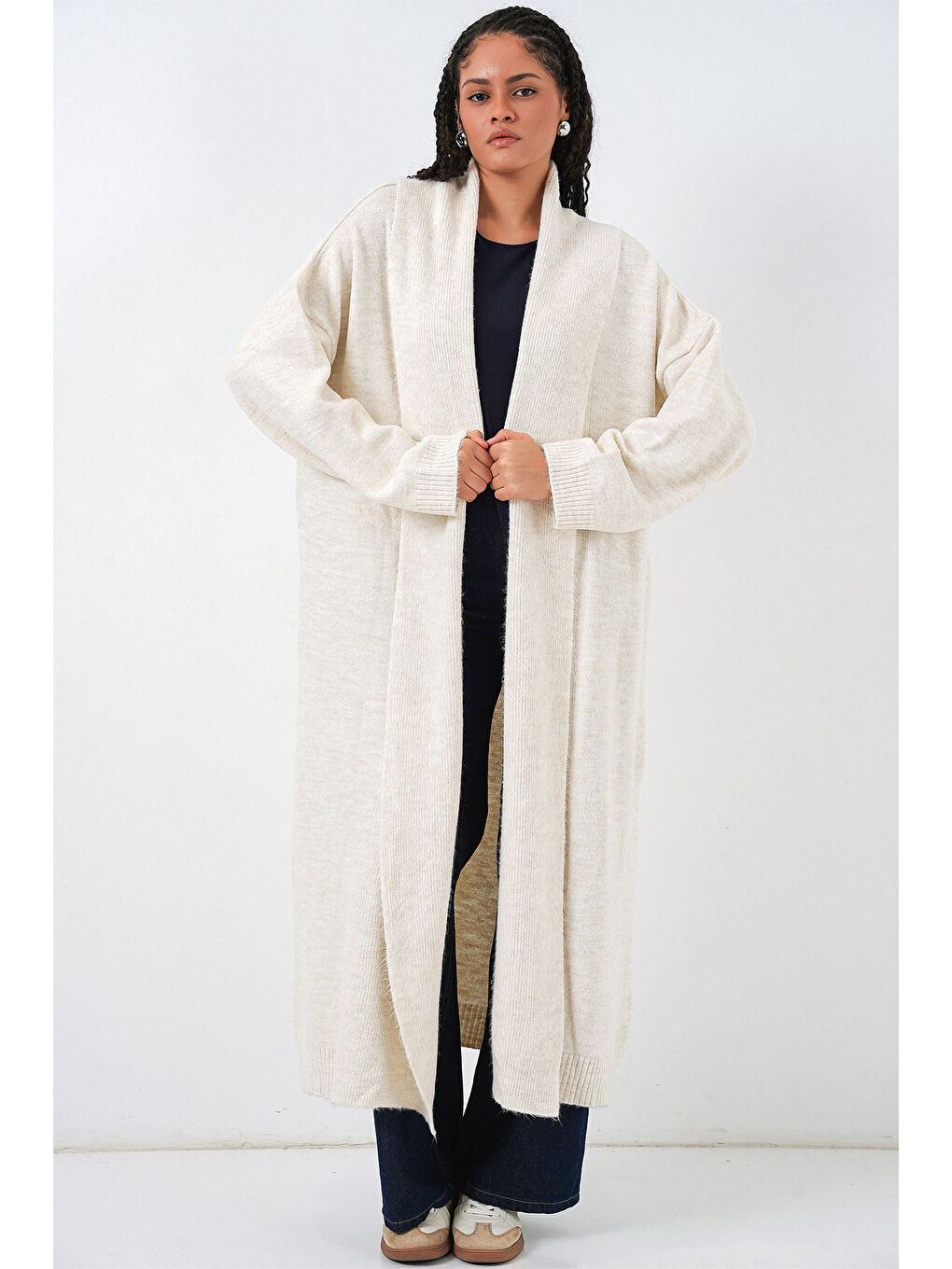 Kadın Uzun Oversize Triko Hırka 15924 - Ekru-2