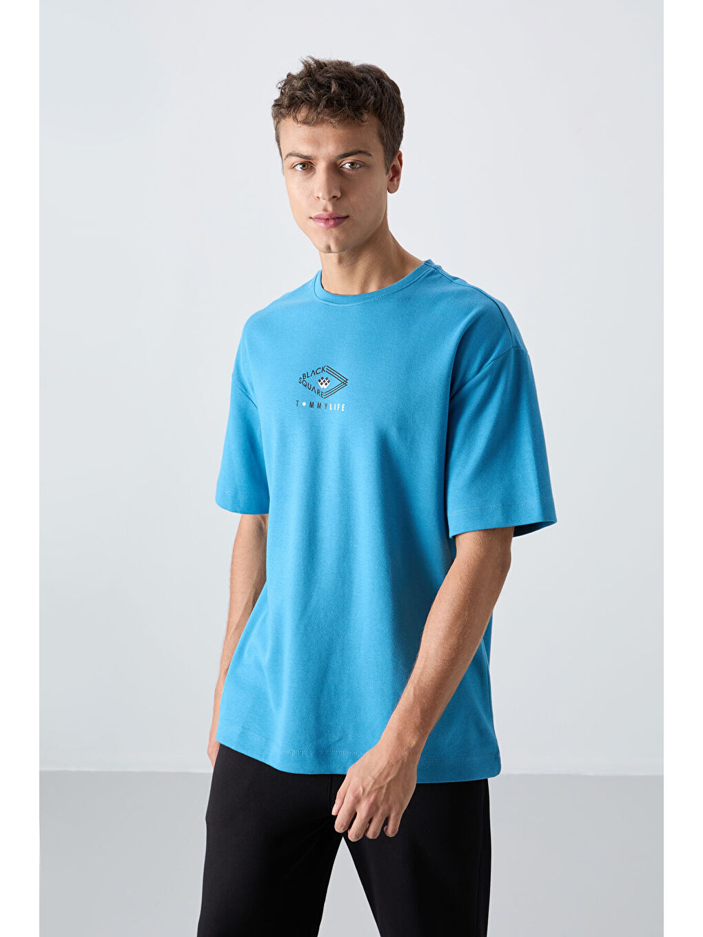 Petrol Mavi Pamuklu Kalın Yumuşak Dokulu Oversize Fit Baskılı Erkek Tişört - 88325