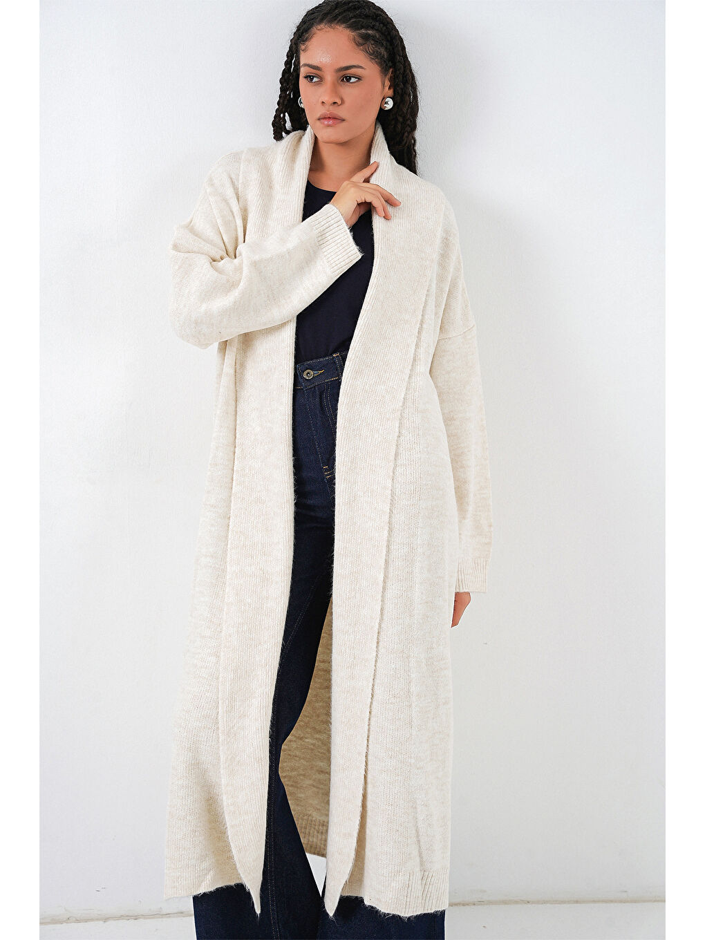 Kadın Uzun Oversize Triko Hırka 15924 - Ekru-3