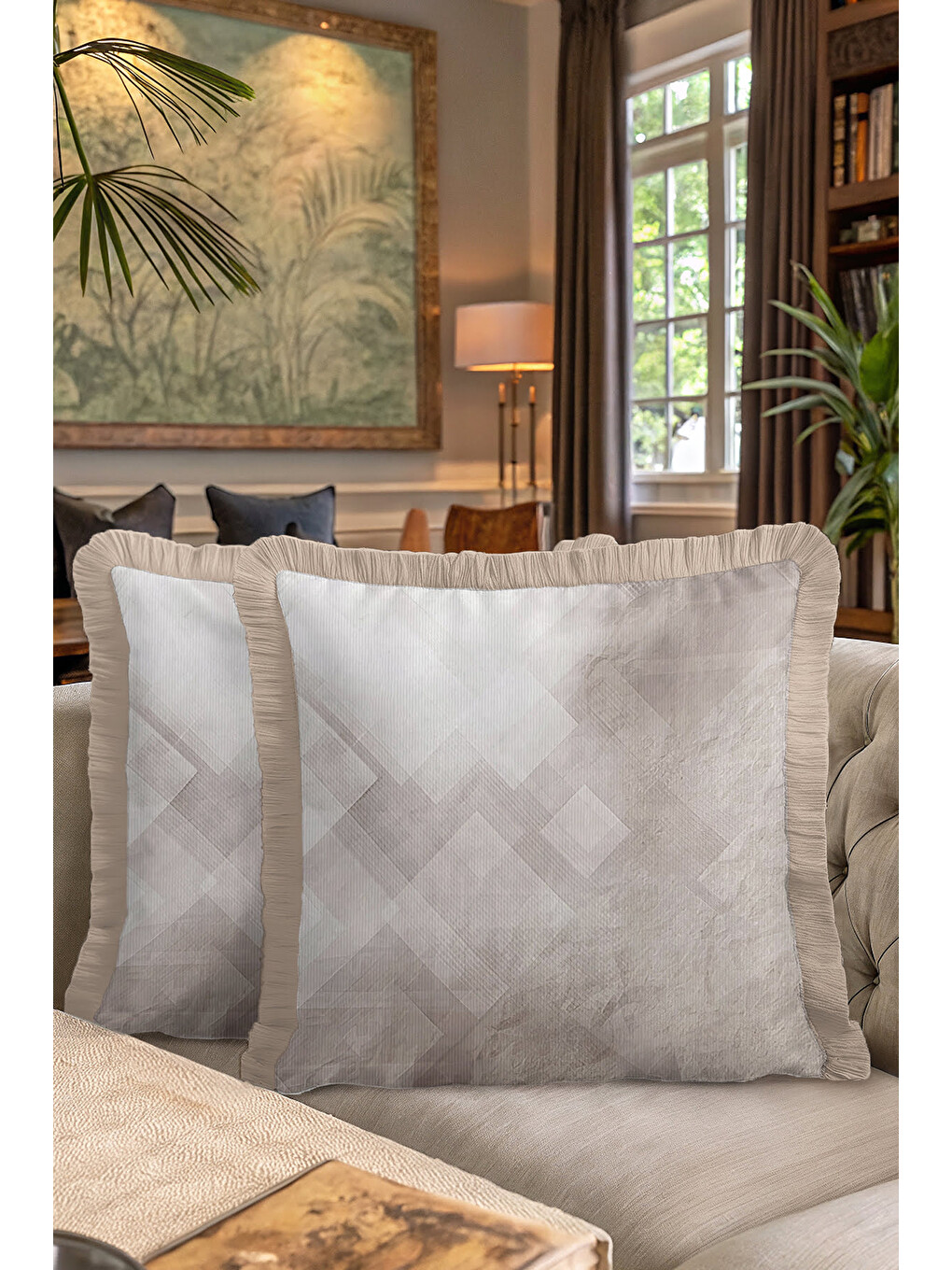 Karışık Modern Geometrik Lüks Saçaklı Yastık Kılıfı - Sofistik Doku Minimal Country Püsküllü Kırlent Kılıfı-7