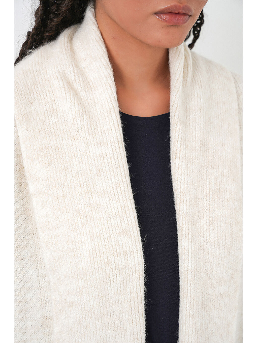 Kadın Uzun Oversize Triko Hırka 15924 - Ekru-4