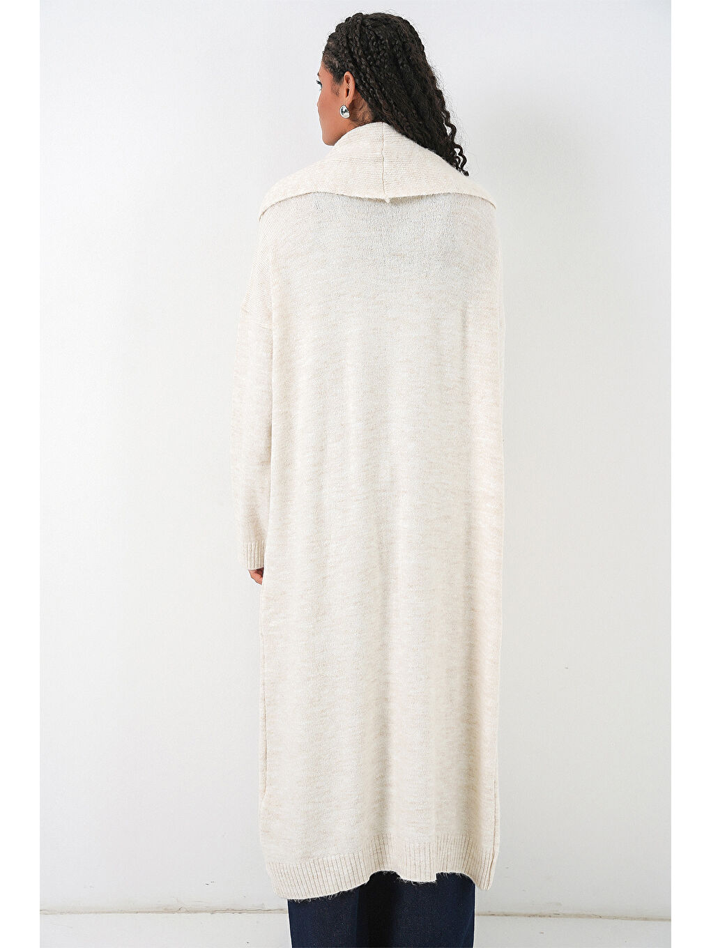 Kadın Uzun Oversize Triko Hırka 15924 - Ekru-5