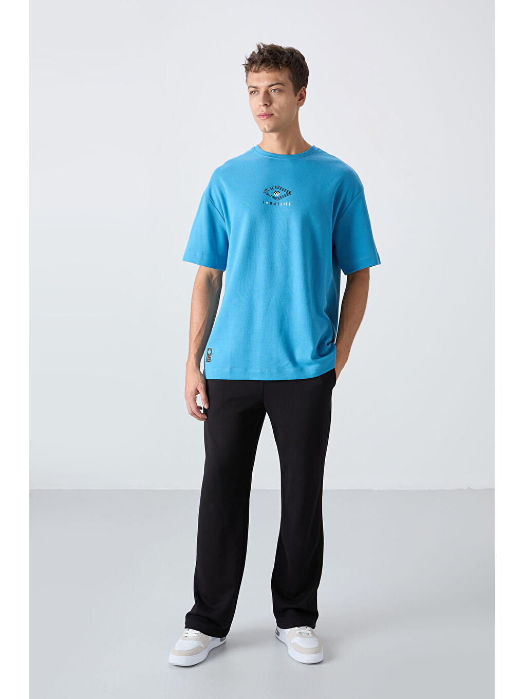 Petrol Mavi Pamuklu Kalın Yumuşak Dokulu Oversize Fit Baskılı Erkek Tişört - 88325-2