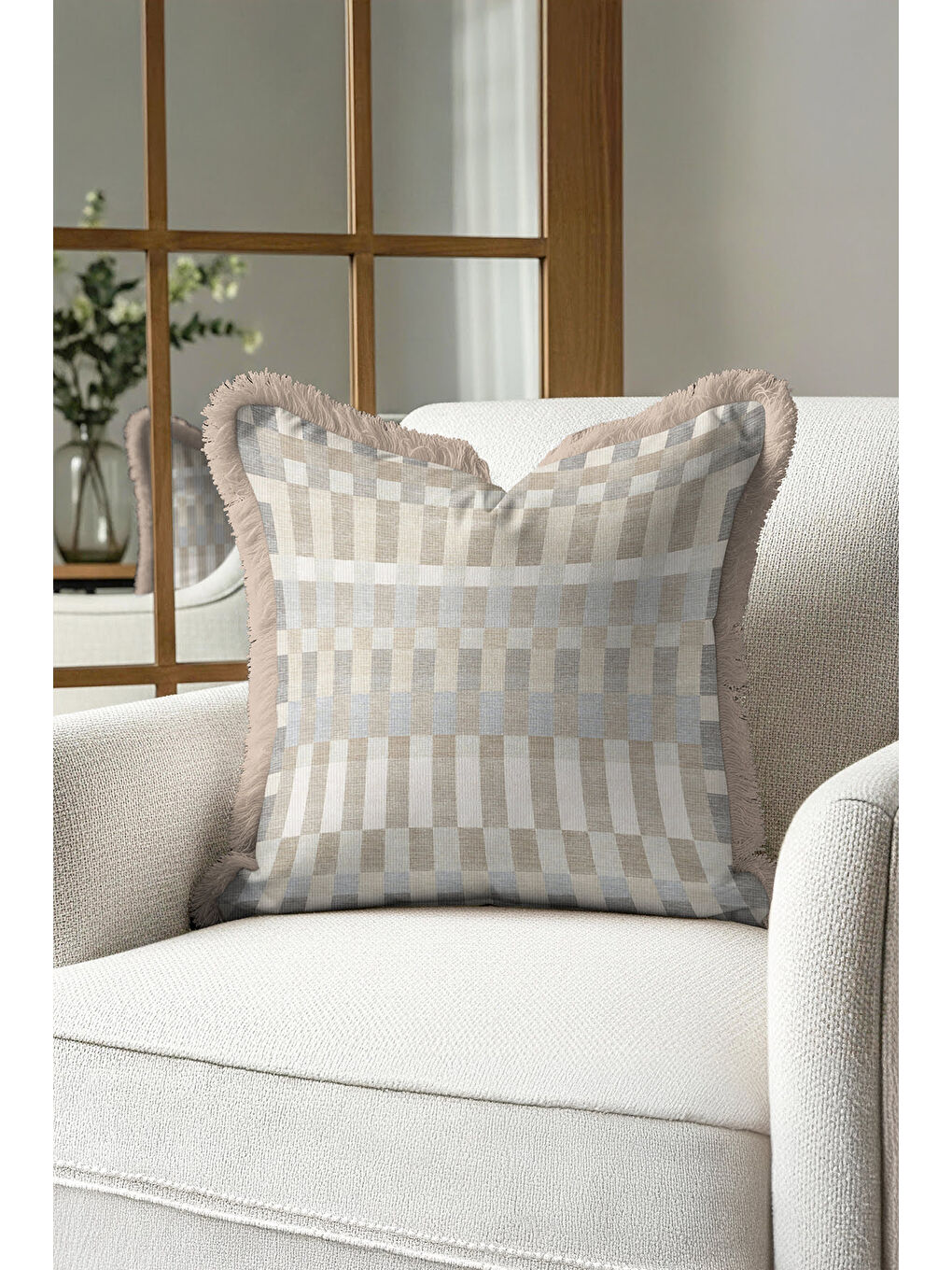 Karışık Lüks Kare Dokulu Saçaklı Yastık Kılıfı - Krem Bej Gri Modern Püsküllü Kırlent Kılıfı