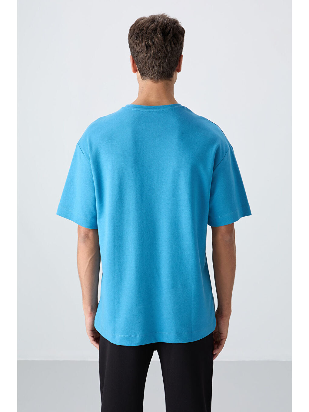 Petrol Mavi Pamuklu Kalın Yumuşak Dokulu Oversize Fit Baskılı Erkek Tişört - 88325-4