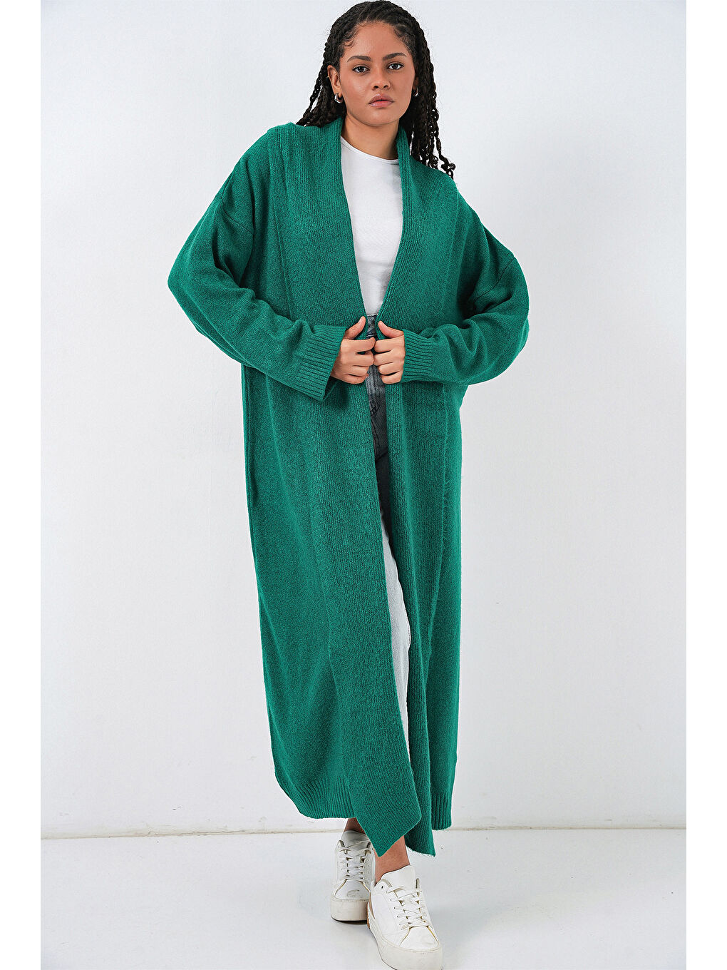 Kadın Uzun Oversize Triko Hırka 15924 - Zümrüt Yeşili