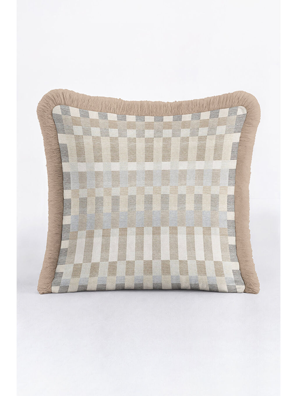 Karışık Lüks Kare Dokulu Saçaklı Yastık Kılıfı - Krem Bej Gri Modern Püsküllü Kırlent Kılıfı-1